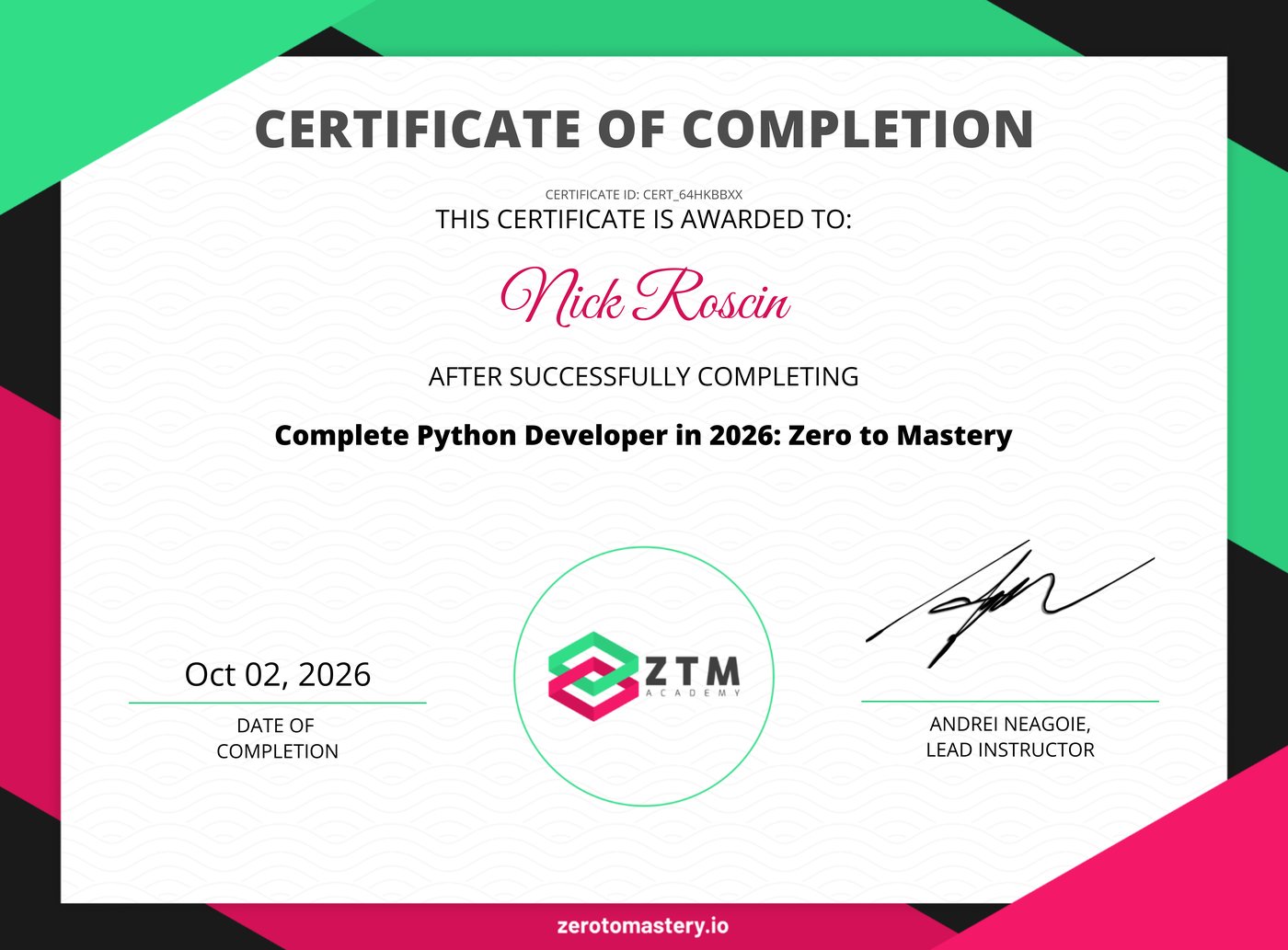 Complete Python Developer: Zero to Mastery badge