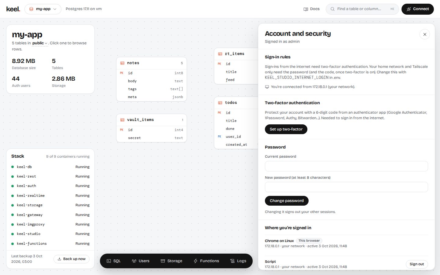 Keel Studio account and security drawer with sign-in rules, two-factor setup, password change and active sessions