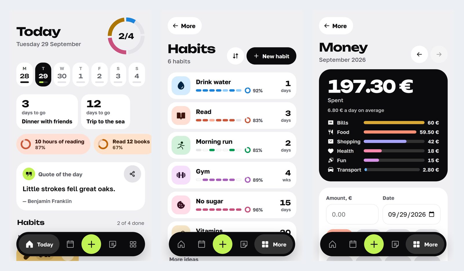 Three povseDnev phone screens: Today with habit ring and agenda, Habits with streaks, and Money with monthly spending by category