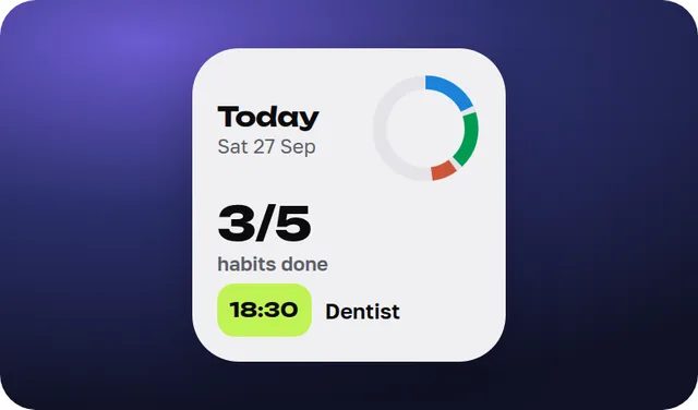povseDnev Android home-screen widget showing 3 of 5 habits done and the next event