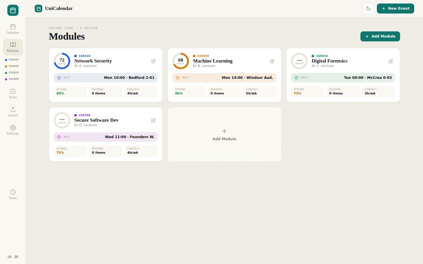 UniCalendar modules page with grade rings, attendance, next class and weekly contact hours per module