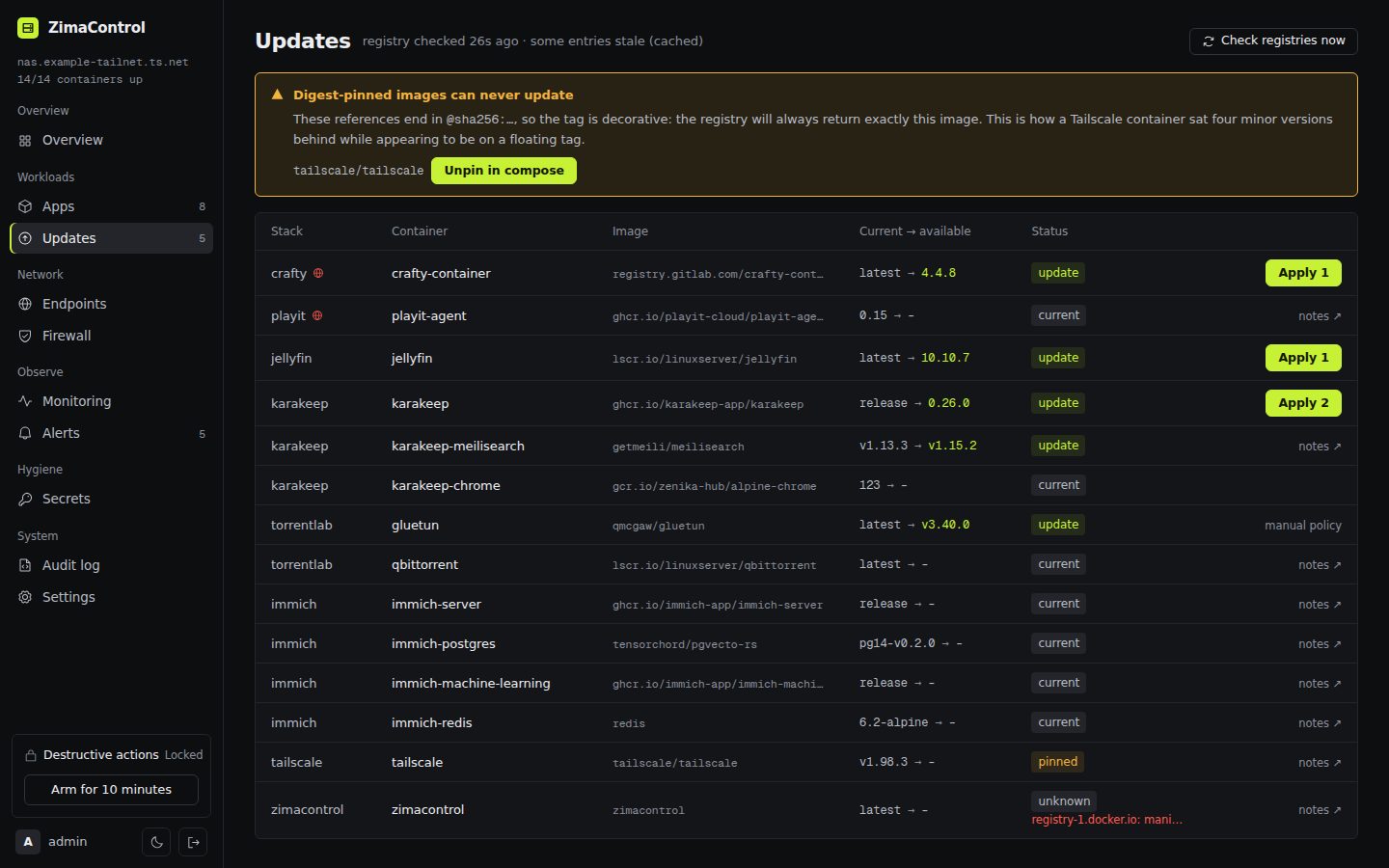ZimaControl updates page listing containers with current and available versions and apply buttons